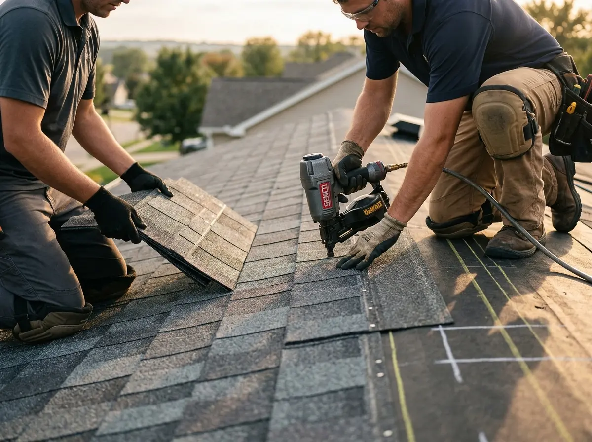Professional roofer working on a residential roof in Gresham